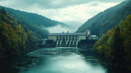 Hydroelectric power station in a lush valley, water flowing strongly through turbines, symbolizing clean energyの素材