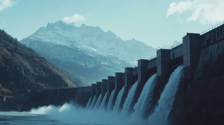 Close-up of water turbines in action at a dam, with mountains in the background symbolizing clean powerの素材