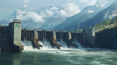Hydroelectric dam in action, with water rushing through turbines and mountains in the background, symbolizing green energyの素材