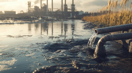 Dark waste spilling from pipes into water, with a large factory structure visible in the backgroundの素材