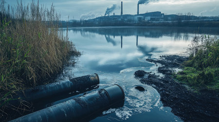 Dark waste flowing from industrial pipes into a lake, with factory buildings in the backgroundの素材