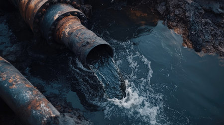 Close-up of thick sludge flowing from pipes into a river near an industrial facilityの素材