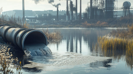 Factory pipes releasing contaminated water into a nearby lake, with industrial structures in the backgroundの素材