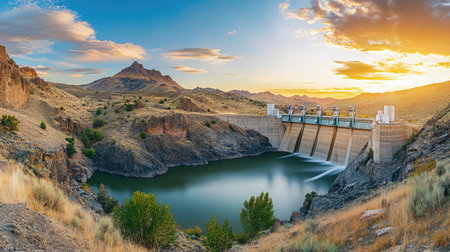 Dam with water turbines generating electricity, framed by eco-friendly mountain landscapeの素材