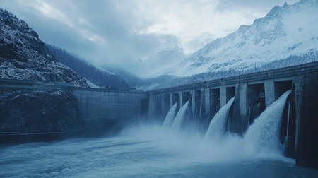Hydroelectric dam releasing clean energy through water turbines, set against a mountain backdropの素材