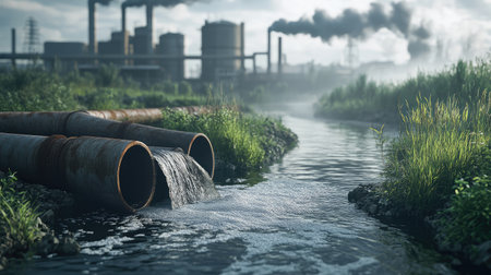 Industrial pipes releasing waste into a river, with plant structures and smoke in the backgroundの素材