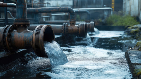 Industrial pipes emitting contaminated water, highlighting the environmental impact of factoriesの素材