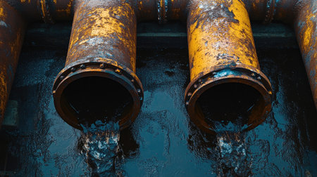 Industrial pipes releasing dark waste, highlighting the environmental impact of factoriesの素材