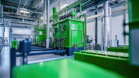 High-tech wastewater plant equipment with green environment, highlighting pollution control effortsの素材