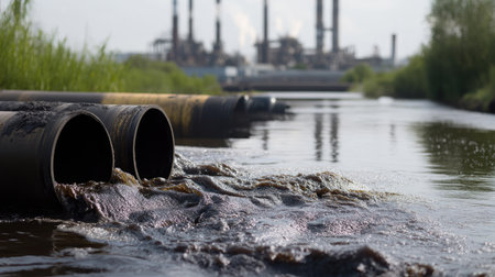 Large pipes with dark sludge flowing into a river, with an industrial plant looming nearbyの素材