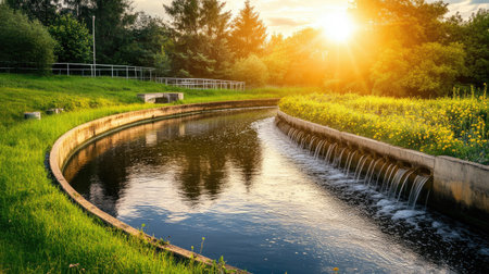 Modern aeration tanks in wastewater facility under sunlight, highlighting water sustainability effortsの素材