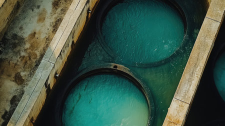Overhead view of large, clean water basins at a wastewater plant, demonstrating sustainable water useの素材