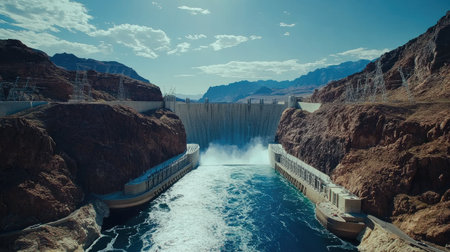Powerful water flow through hydroelectric dam turbines, with mountains and blue sky emphasizing clean energyの素材