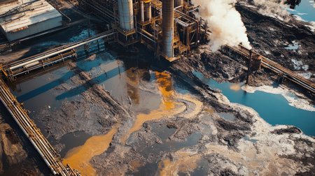 Overhead shot of pipes discharging toxic sludge, with a large factory visible in the backgroundの素材