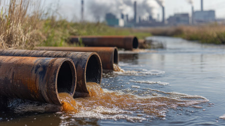 Rusty pipes discharging sludge into a river, with a smoke-emitting factory in the backgroundの素材