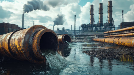 Rusted pipes ejecting hazardous waste, with industrial plant and smokestacks visible in backgroundの素材