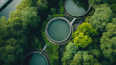 Overview of green surroundings and water tanks at a wastewater treatment plant, promoting water conservationの素材