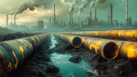 Panorama of factory pipes releasing toxic waste into the soil, symbolizing environmental hazardsの素材