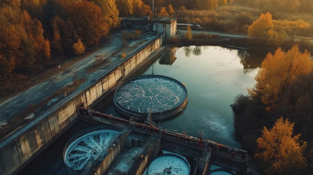 Overview of wastewater treatment plant near a river, showcasing the balance between industry and environmentの素材