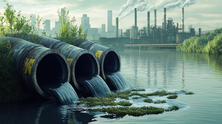 Pipes spilling hazardous waste into water with a factory skyline behind, symbolizing pollution issuesの素材