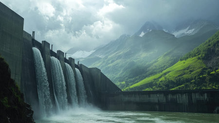 Water cascading through dam turbines, set against green mountains, representing eco-conscious power generationの素材