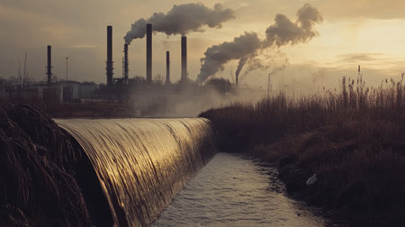 Wastewater pouring from large pipes near a factory, symbolizing the environmental impact of industrial wasteの素材
