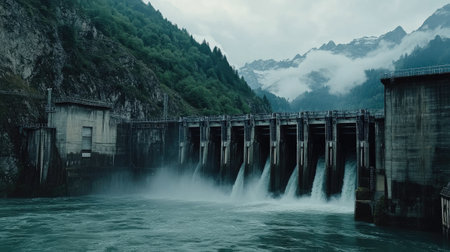 Scenic view of hydroelectric dam in mountains, with water rushing through turbines for green energyの素材