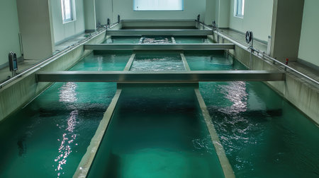 Top view of clear water basins in wastewater treatment plant, promoting eco-conscious water processingの素材