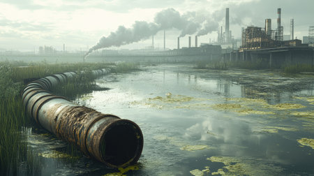 Toxic waste spilling from metal pipes into water, with industrial landscape visible in the distanceの素材