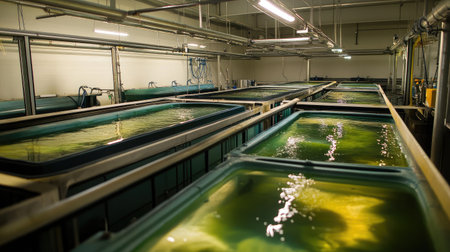 Rows of sedimentation tanks in a wastewater treatment plant, highlighting clean water initiatives for the environmentの素材