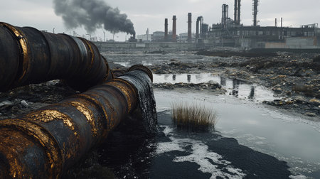 Rusted pipes with dark waste streaming into water, with industrial buildings in the distanceの素材