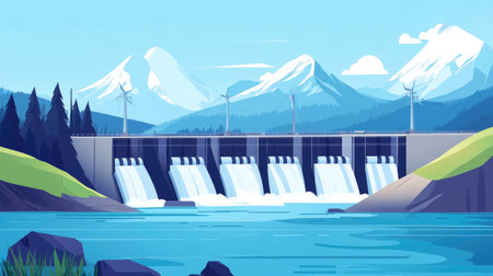 Water flowing through dam turbines with mountains behind, illustrating sustainable power generationの素材