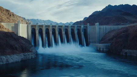 Water pouring through turbines at hydroelectric dam with mountains in background, symbolizing clean energyの素材