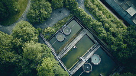 Treatment plant in green surroundings, illustrating the harmony of technology and natureの素材