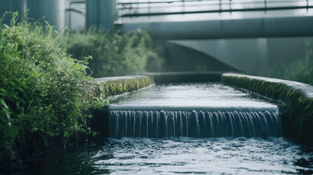 Treated water flowing back into nature from a plant, symbolizing environmental responsibilityの素材