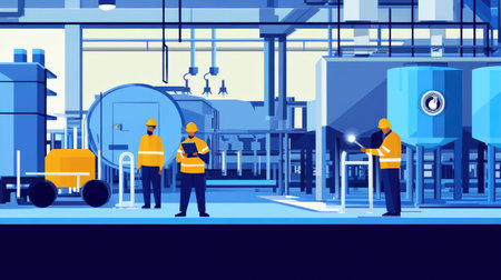 Workers inspecting a filtration system at a wastewater treatment plant, representing environmental responsibilityの素材