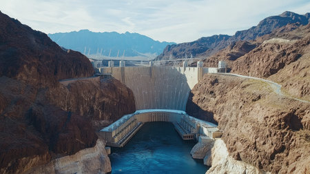 Water flowing through dam turbines with mountains behind, illustrating sustainable power generationの素材