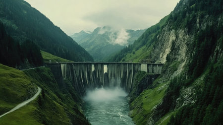 Water spinning through dam turbines in a lush mountain valley, illustrating eco-friendly power generationの素材