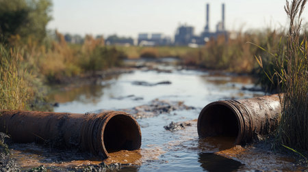 Rusted pipes releasing sludge into a river, with an industrial plant looming in the distanceの素材