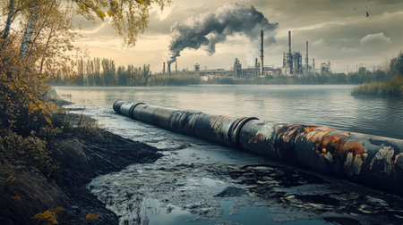 Toxic liquid flowing from corroded pipes into a lake, with an industrial plant in the backgroundの素材