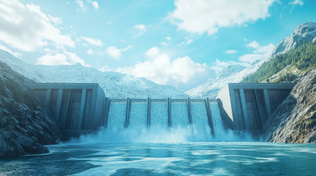 Powerful water flow through hydroelectric dam turbines, with mountains and blue sky emphasizing clean energyの素材