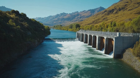 Turbulent water flowing through dam turbines with lush mountain surroundings, promoting renewable powerの素材