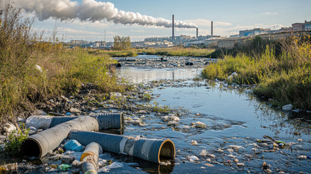 Waste flowing from metal pipes into a stream, with a factory's smokestacks visible in the distanceの素材