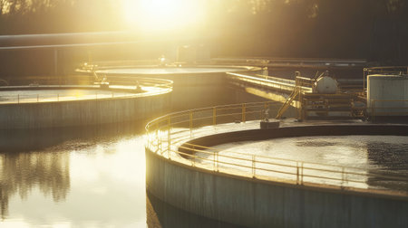 Sunlit sedimentation tanks in a wastewater treatment plant, representing eco-conscious waste managementの素材