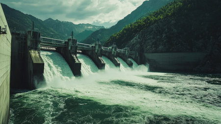 Water rushing through dam turbines with green mountains behind, illustrating sustainable power generationの素材