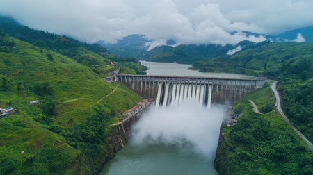 Wide view of hydroelectric dam generating energy, surrounded by green mountain sceneryの素材