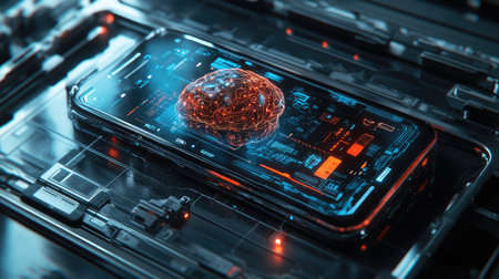 3D render of a sleek mobile phone with robotic components and a pulsing AI brain core, representing cutting-edge AI techの素材