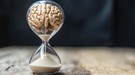 Brain in an hourglass with sand slowly flowing, illustrating the connection of mental focus and time limitsの素材