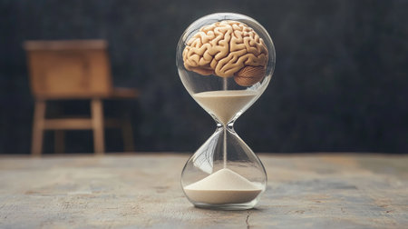 Concept image of brain in an hourglass, sand trickling away, illustrating time-bound thoughts, clean setupの素材