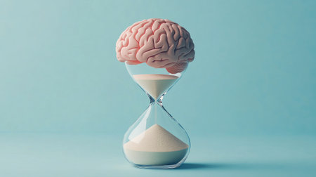 Brain in hourglass, sand flowing beneath, symbolizing limited time for mental processes, simple backgroundの素材